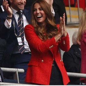 Zara red tweed blazer with gold buttons.Tag size M. Fits like a Small or size 4.